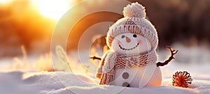 Panoramic view of happy snowman in winter secenery with copy space