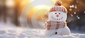 Panoramic view of happy snowman in winter secenery with copy space