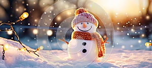 Panoramic view of happy snowman in winter secenery with copy space