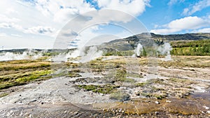 Panoramic view of Haukadalur geyser valley