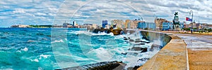 The Havana skyline and the iconic Malecon seawall with a stormy ocean photo