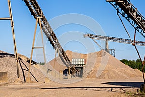 Panoramic view heavy metal construction open pit gravel plant sand quarry big rusty rotor machine material excavating
