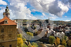 Panoramic view from the heights of the city Cesky Krumlov Czech Republic On the afternoon of autumn, the old town in europe