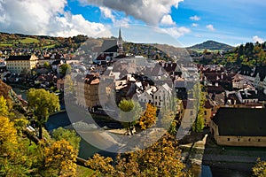 Panoramic view from the heights of the city Cesky Krumlov Czech Republic On the afternoon of autumn, the old town in europe
