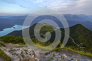 Panoramic view from Herzogstand mountain and lake Walchensee in Bavaria, Germany