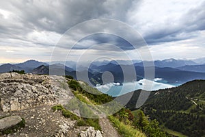 Panoramic view from Herzogstand mountain and lake Walchensee in Bavaria, Germany