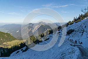 Panoramic view from Herzogstand with the mountainscape in the background.