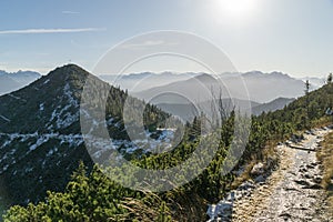 Panoramic view from Herzogstand with the mountainscape in the background.