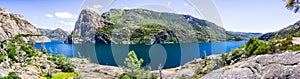 Panoramic view of Hetch Hetchy reservoir; Yosemite National Park, Sierra Nevada mountains, California; the reservoir is one of the