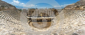 Panoramic view from Hierapolis Ancient City Theater, Denizli, Turkey. Roman theater