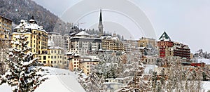 Panoramic view of the high Alpine resort town St. Moritz in winter. Canton of Graubuenden, Switzerland