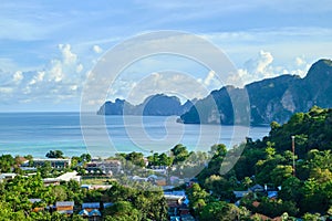 Panoramic view from high angle viewpoint on Phi Phi Island
