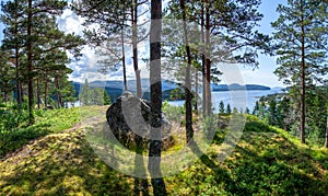 Panoramic view from a high hill on a beautiful taiga forest descending to the lake. Tall pine trees with long shadow. Huge