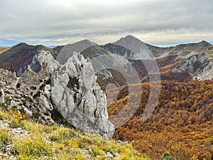 Panoramic view of high mountains and rocks in november