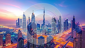 Panoramic view of the high rises along sheikh zayed road in glowing twilight hues photo