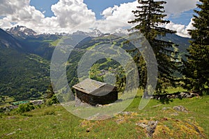 Panoramic view from a hiking trail above Bozel towards the ski resort Courchevel