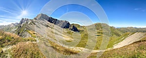 Panoramic view of a hiking trail through the Austrian Alps in the high mountains of the Zillertal near the Tux Glacier in summer,