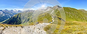 Panoramic view of a hiking trail through the Austrian Alps in the high mountains of the Zillertal near the Tux Glacier in summer,