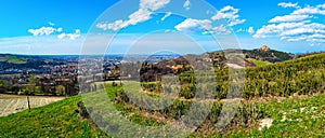 panoramic view hills Bologna italy city in colorful bright spring day with basilica of San Luca horizontal background