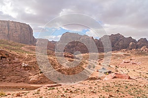 Panoramic view of hills in Petra, Jordan.