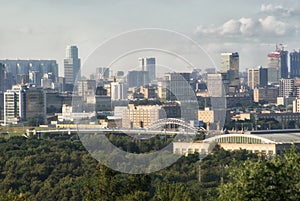 Panoramic view from the hills of Vorobyovy Gory to the city of Moscow