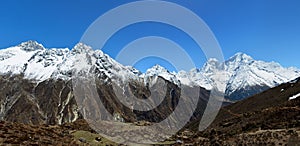 Panoramic view of Himalayan mountains on the way to Gokyo lakes