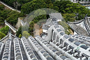 Panoramic view of the Himeji Castle grounds, with Himeji city in the background, Japan