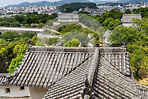 Panoramic view of the Himeji Castle grounds, with Himeji city in the background, Japan