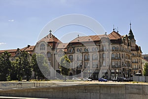 Panoramic view with Historic Buildings from Crisul Repede river bank of Oradea City in Romania.