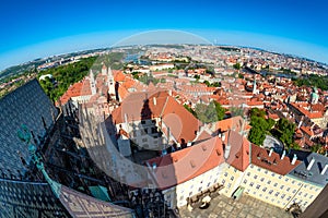 Panoramic view of the historic center of Prague from the South Tower of St Vitus Cathedral. Prague, Czech Republic