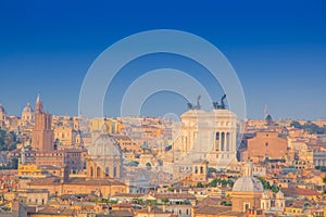 Panoramic view of historic center of Rome, Italy. Altare della Patria monument view from top. Beautiful view of Rome, sunny summer