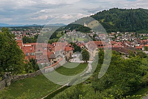 Panoramic view of the historic center of Skofja Loka from the castle in Slovenia