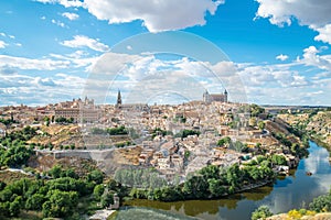 Panoramic view of the historic city of Toledo with river Tajo in.