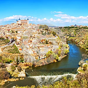 Panoramic view of the historic city of Toledo with river Tajo, S