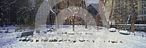 Panoramic view of historic homes and Gramercy Park, Manhattan, New York City, New York after winter snowstorm photo