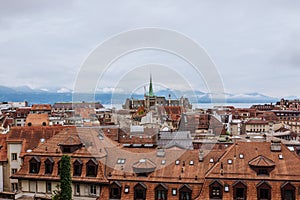 Panoramic view of historic Lausanne city center, Switzerland, Europe