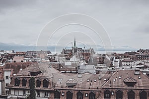 Panoramic view of historic Lausanne city center, Switzerland, Europe