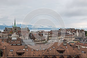 Panoramic view of historic Lausanne city center, Switzerland, Europe