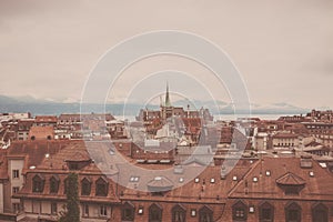 Panoramic view of historic Lausanne city center, Switzerland, Europe