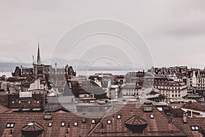 Panoramic view of historic Lausanne city center, Switzerland, Europe