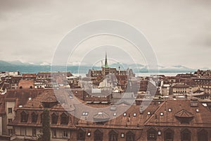 Panoramic view of historic Lausanne city center, Switzerland, Europe