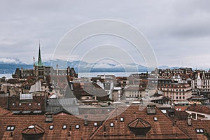 Panoramic view of historic Lausanne city center, Switzerland, Europe