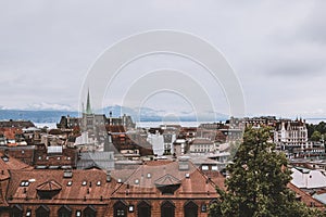 Panoramic view of historic Lausanne city center, Switzerland, Europe