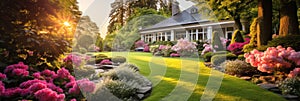 Panoramic view of home garden at sunset, upscale landscaped house backyard in summer. Scenery of lawn, flowers and green plants.