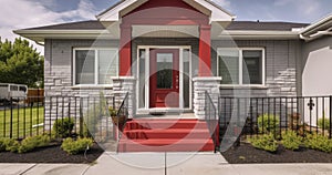 A Panoramic View of a Home\'s Entrance with a Red Door, Pitched Roof, and Pillared Porch