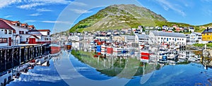 Panoramic view of Honningsvag town from the port in Mageroya island.  Nordkapp Municipality in Finnmark county