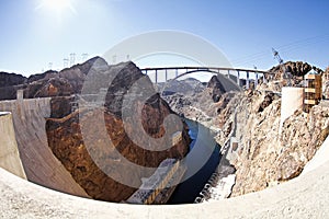 Panoramic view of Hoover Dam and bypass bridge