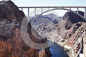 Panoramic view of Hoover Dam and bypass bridge