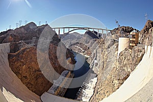 Panoramic view of Hoover Dam and bypass bridge