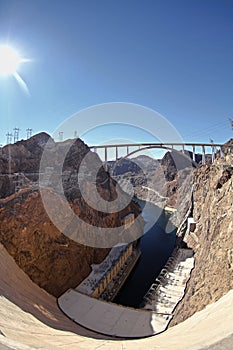 Panoramic view of Hoover Dam and bypass bridge